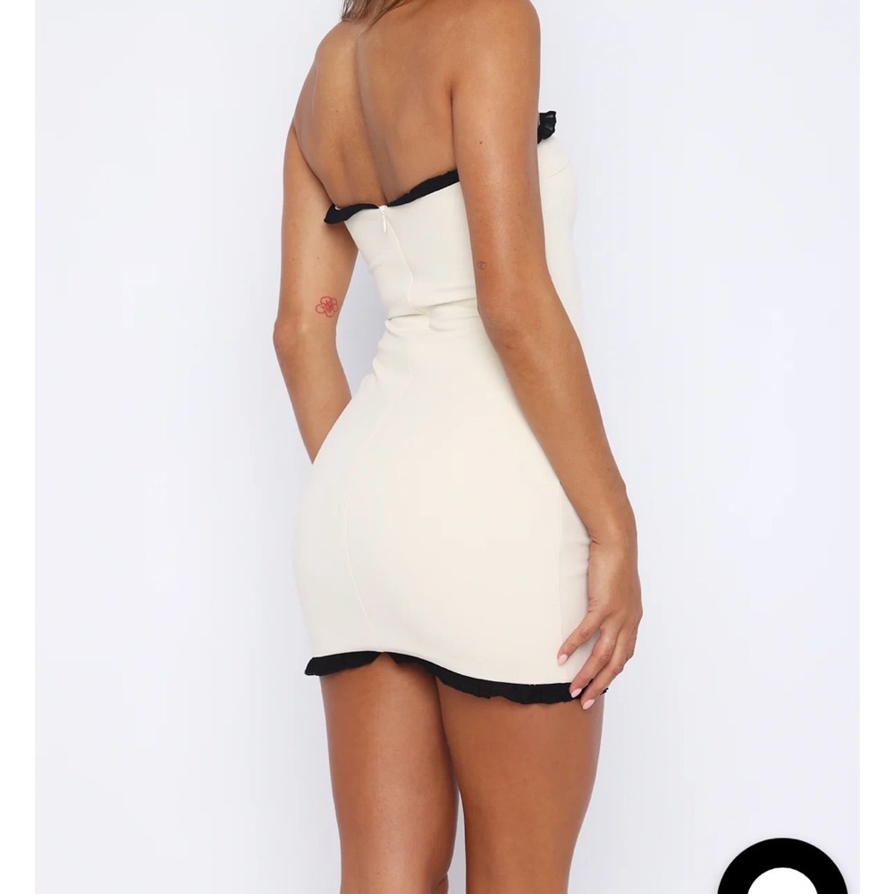 White Fox Boutique Beige Strapless Mini Dress with Black Ruffle Trim - Picture 3 of 6